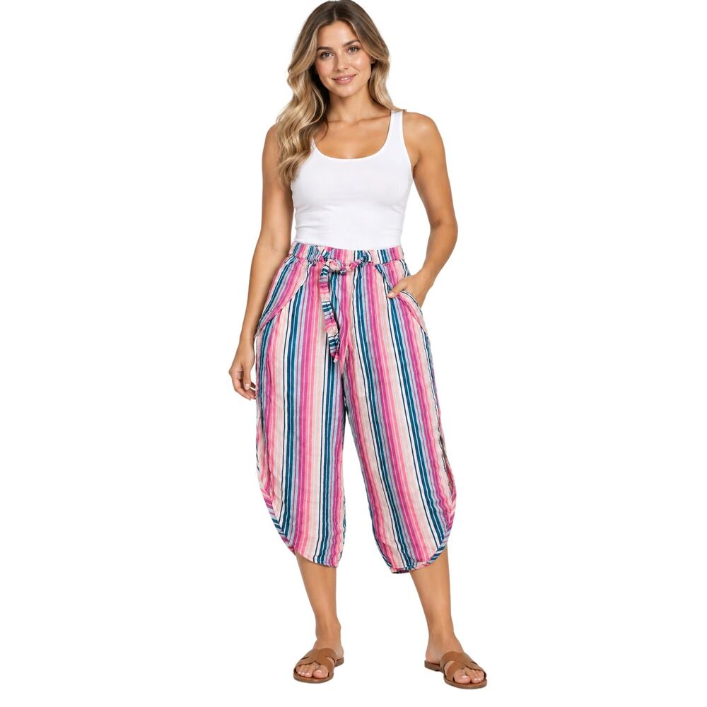 Matilda jane S elastic tie waist gaucho wide leg bright striped colorful pants